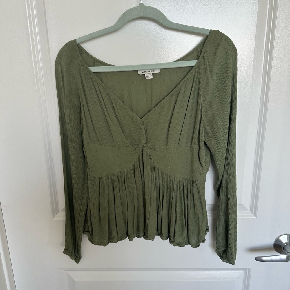 American Eagle Outfitters Green Cropped Pleated Peplum Blouse